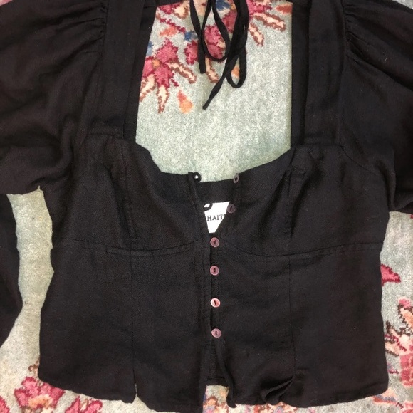 KHAITE BLACK BUTTON UP BUSTIER SHIRT CROPPED SQUARE NECK BLOUSE FULL SLEEVE - Picture 15 of 16